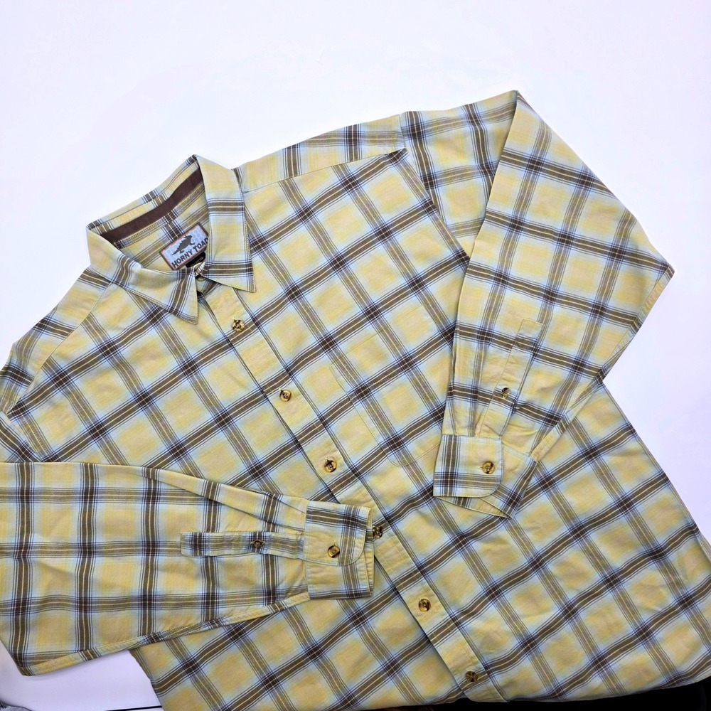 Horny Toad Mens Medium Plaid Button Up Shirt Yellow Blue Long Sleeve Cotton